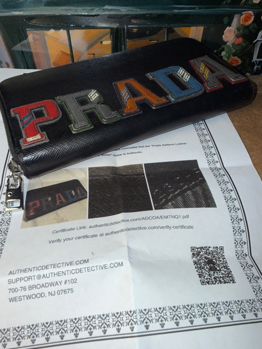 Prada Black Saffiano Leather Zip Wallet with Multicolor Letter Patches w/coa - Picture 7 of 12
